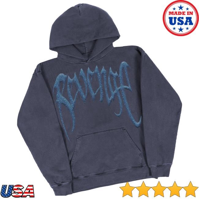 Official Revenge Merch Glitter Arch Logo Treated Vintage Navy Blue Hoodie Sweatshirt