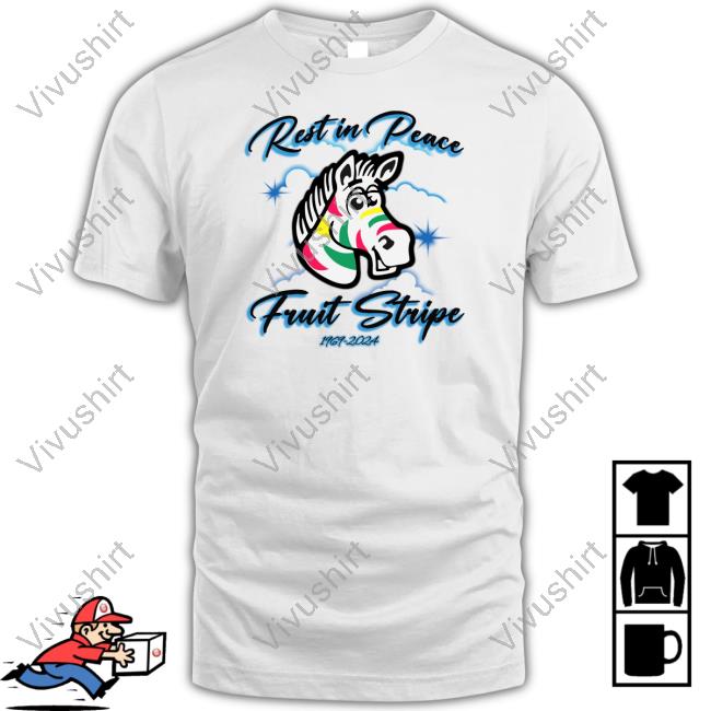 Shitheadsteve Store Rest In Peace Fruit Stripe 1969-2024 Tee